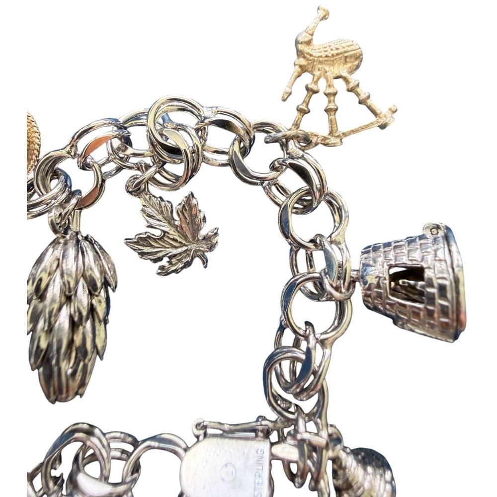 Vtg 925 Sterling Silver Charm Bracelet Frog Cactus Sewing Shell Sombrero Chunky - Picture 9 of 16